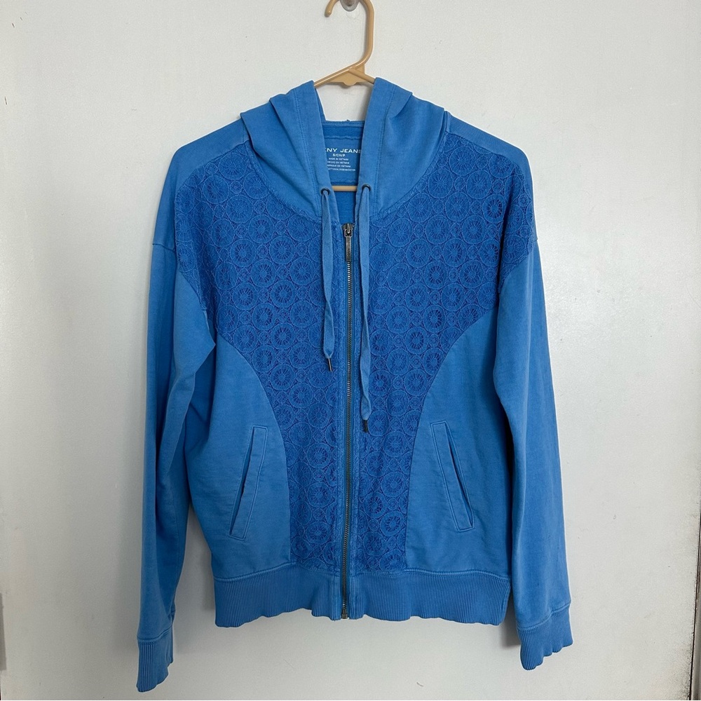 Dkny Blue Hoodie Jacket with Zip Closure and Ribbed Cuffs